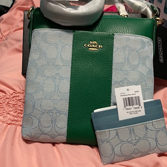 Coach Kitt messenger bag signature Jaquard brass/azure green/matching card case - Picture 3 of 5